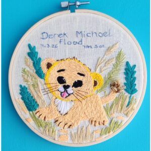 Personalised New Baby Embroidery Hoop Art with Cute Lion Cub