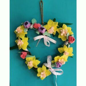 Hanging Wicker Heart Wreath with handmade felt daffodils and tulips 28 cm