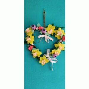 Hanging Wicker Heart Wreath with handmade felt daffodils and tulips 28 cm
