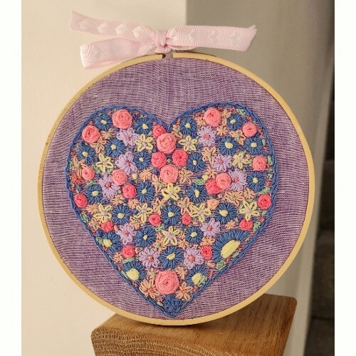 Floral Heart Embroidery Hoop Art Picture, 16 cm