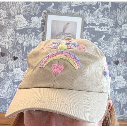 Ladies Beige Baseball Cap with hand embroidered flowers and rainbow - Image 6