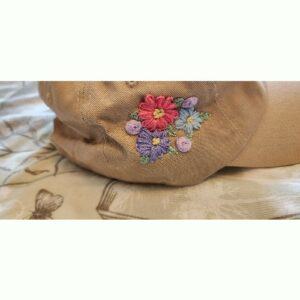 Ladies Beige Baseball Cap with hand embroidered flowers and rainbow