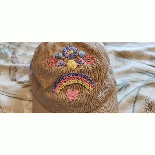 Ladies Beige Baseball Cap with hand embroidered flowers and rainbow - Image 5