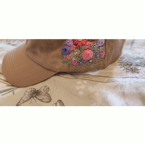 Ladies Beige Baseball Cap with hand embroidered flowers and rainbow - Image 4