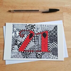21st Birthday Card - Hand-Drawn Zentangle Inspired Doodle Design - Unique Black And Red Art Print