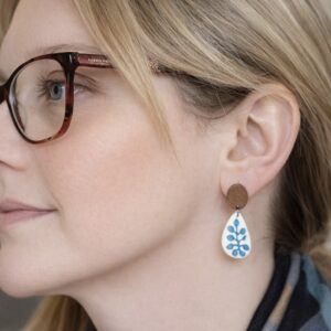 PetalLeaf Blue Botanical Earrings – Polymer Clay and Walnut Wood Handmade in Sheffield by Lollygag Jewellery