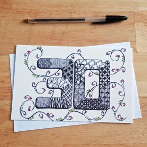 30th Birthday Card - Hand-Drawn Zentangle Inspired Doodle Design with Floral Accents - Blank Inside