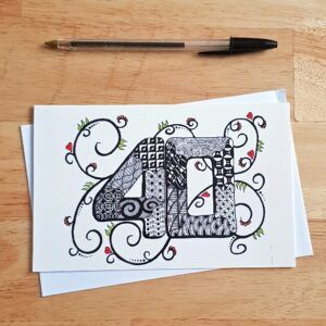 40th Birthday Card - Hand-Drawn Zentangle Inspired Doodle Design with Hearts And Swirls - Blank Inside