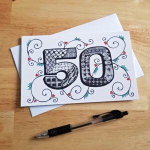50th Birthday Card - Hand-Drawn Zentangle Inspired Doodle Design with Swirls And Hearts - Blank Inside