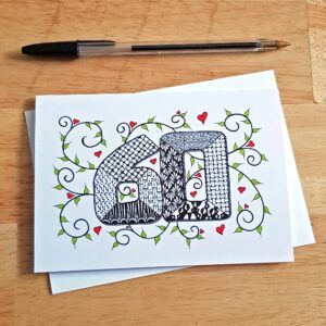 60th Birthday Card - Hand-Drawn Zentangle Inspired Doodle Design with Hearts And Vines - Blank Inside