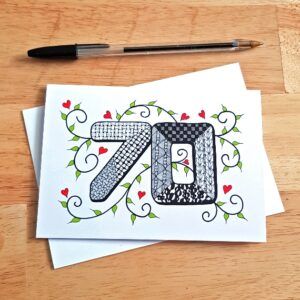 70th Birthday Card - Hand-Drawn Zentangle Doodle Design with Hearts And Vines - Unique Milestone Greeting - Blank Inside