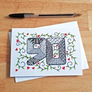 90th Birthday Card - Hand-Drawn Zentangle Doodle Design with Hearts And Vines - Artistic Milestone Greeting - Blank Inside