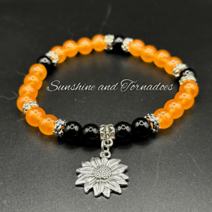 Black and Orange Agate Bracelet, Sunflower Charm Bracelet, Gemstone Beaded Bracelet, Autumn Jewellery, Handmade Nature Bracelet Gift