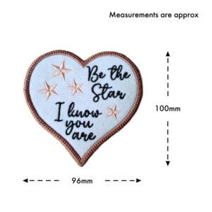 White felt heart hanging decoration with embroidered stars and the message “Be the Star I know you are”, shown with approximate measurements of 100mm height and 96mm width