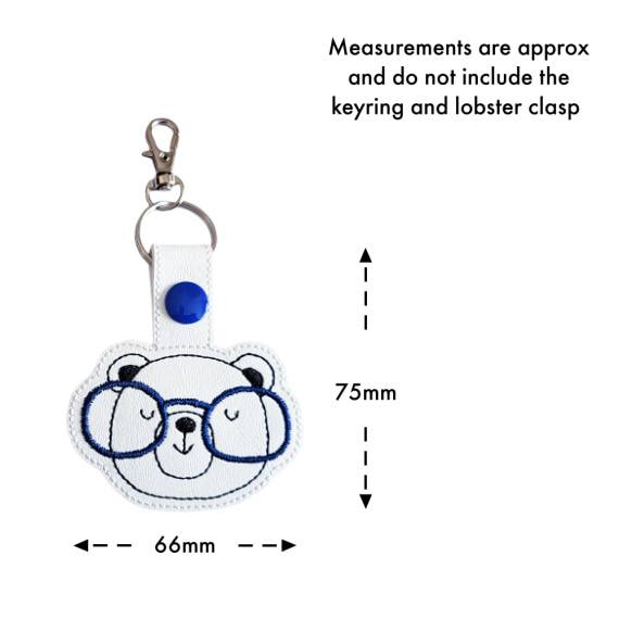 Bear face keyring with glasses size guide, showing approximate measurements of 75mm high by 66mm wide.