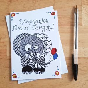 Belated Birthday Card - Elephants Never Forget - Hand-Drawn Doodle Elephant Design - Fun And Quirky Greeting - Blank Inside