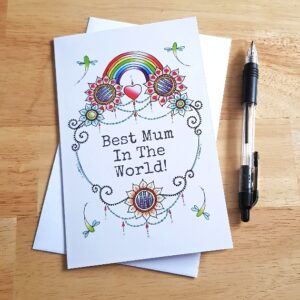 Best Mum In The World Card - Colourful Rainbow And Floral Design Blank Inside for Mothers Day or Birthday
