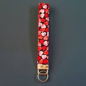Bright Hearts Print Wristlet Keyfob - Handmade Fabric Keyring Strap in Red Heart Design