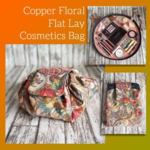 Copper Floral Flat Lay Drawstring Makeup Bag - Eco-Friendly Vintage-Inspired Cosmetic Organiser from Repurposed Fabric