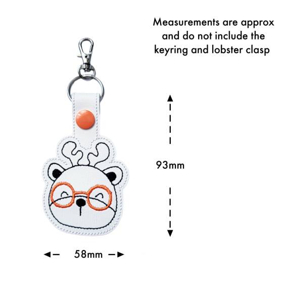Deer face keyring with glasses size guide, showing approximate measurements of 93mm high by 58mm wide.