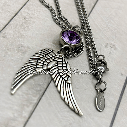 Purple Crystal Angel Wing Necklace, Stainless Steel Guardian Angel Pendant, Sympathy Gift, Memorial Jewellery for Her. - Image 7