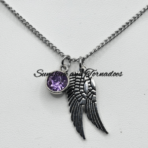 Purple Crystal Angel Wing Necklace, Stainless Steel Guardian Angel Pendant, Sympathy Gift, Memorial Jewellery for Her.