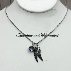 Purple Crystal Angel Wing Necklace, Stainless Steel Guardian Angel Pendant, Sympathy Gift, Memorial Jewellery for Her.