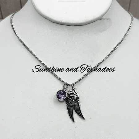 Purple Crystal Angel Wing Necklace, Stainless Steel Guardian Angel Pendant, Sympathy Gift, Memorial Jewellery for Her.