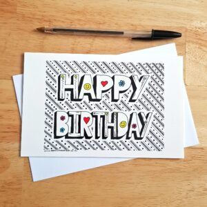 Funky Happy Birthday Card - Hand-Drawn Doodle Lettering Design with Hearts Smiley Faces And Flowers - Blank Inside