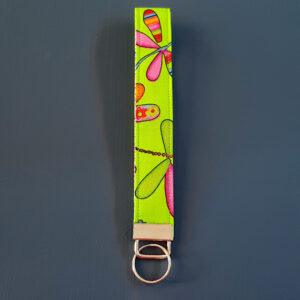 Green Dragonfly Print Wristlet Keyfob - Handmade Fabric Keyring Strap in Bright Insect Design