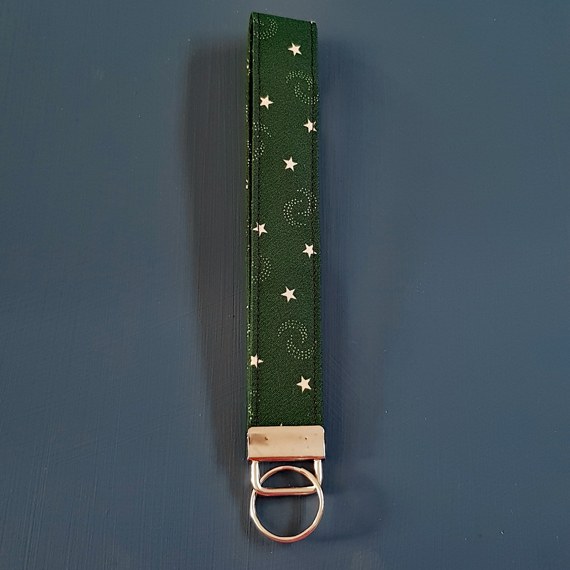 Green Star Print Wristlet Keyfob - Handmade Fabric Keyring Strap with Celestial Design