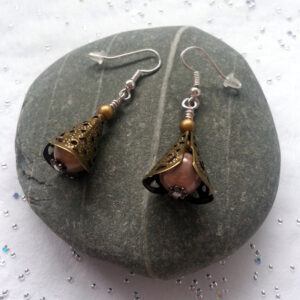 Handcrafted Bronze Filigree Drop Earrings - Vintage Style Handmade Dangly Earrings with Pearl Accent