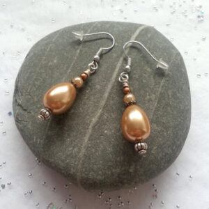 Handmade Amber Pearl Droplet Earrings - Elegant Dangly Drop Earrings with Vintage-Inspired Charm