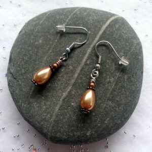 Handmade Amber Pearl Droplet Earrings - Elegant Small Dangly Drop Design