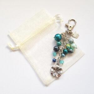 Handmade Blue Beaded Bag Charm with Silver Flower - Teal And Aqua Bag Clip Keyring