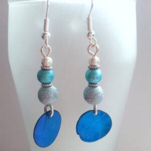 Handmade Blue Beaded Drop Earrings with Shell Discs and Stardust Beads - Ocean-Inspired Dangly Earrings