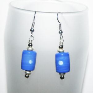 Handmade Blue Ceramic Bead Drop Earrings with White Spots - Quirky Dangly Earrings