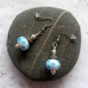 Handmade Blue Spotty Glass Bead Drop Earrings - Quirky Dangly Earrings with Silver Accents
