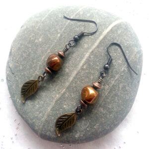 Handmade Copper Beaded Drop Earrings with Bronze Leaf Charms - Nature Inspired Dangly Earrings