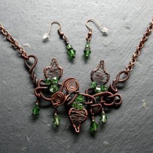 Handmade Copper Wirework Chaos Vine Jewellery Set - Necklace & Earrings with Green Crystal Accents