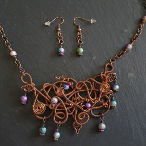 Handmade Copper Wirework Chaos Vine Necklace And Earrings Set - Artisan Jewellery with Iridescent Beads