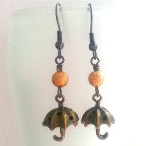 Handmade Cute Bronze Umbrella Drop Earrings - Quirky Dangly Autumn Rain Charm Jewellery