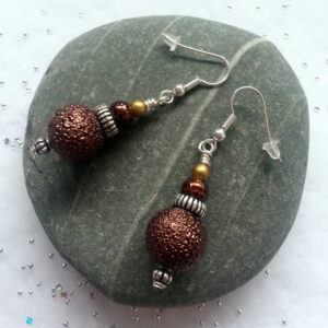 Handmade Dark Copper Beaded Drop Earrings - Textured Stardust Dangly Jewellery