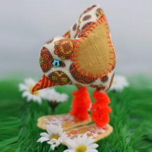 Handmade Fabric Bird Ornament - Orange And Mustard Quilted Decoration for Spring Autumn And Whimsical Home Décor