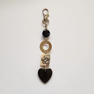 Handmade Geometric Bag Charm with Black Heart - Modern Clip-On Bag Charm or Keychain Accessory