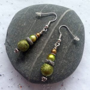 Handmade Green Beaded Drop Earrings - Airbrushed & Stardust Dangly Earrings with Silver Accents