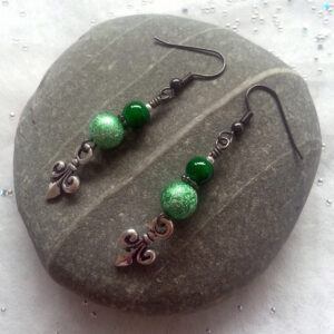 Handmade Green Beaded Drop Earrings - Dangly Earrings with Fleur de Lis Charms and Stardust Beads