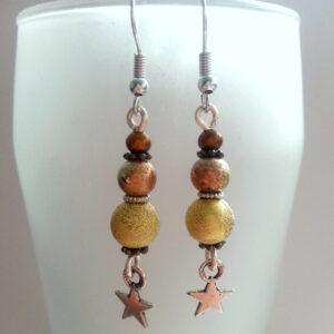 Handmade Green Beaded Drop Earrings - Dangly Star Charm Earrings with Earthy Tones