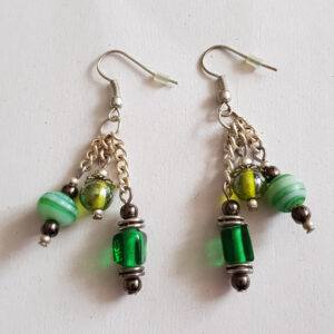 Handmade Green Beaded Drop Earrings - Eclectic Glass Bead Dangle Earrings with Mixed Finishes