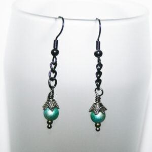 Handmade Green Beaded Flower Earrings - Dangly Drop Earrings with Airbrushed Beads and Vintage Floral Caps